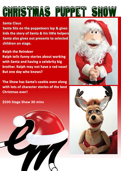 Christmas Puppet Show for hire. Puppet Show with santa and rudolph the red nosed reindeer.