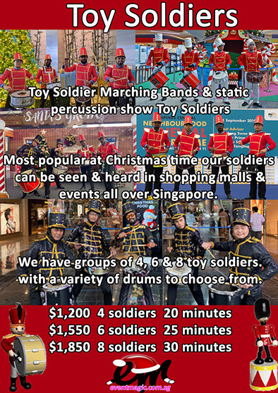 Toy Soldiers Drumming, Christmas entertainmnet, little drummer boy christmas characters, soldier drumming. Christmas acts for hire.