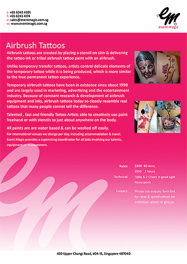Airbrush tattoo for hire Singapore. Airbrush tattoo Artist Singapore