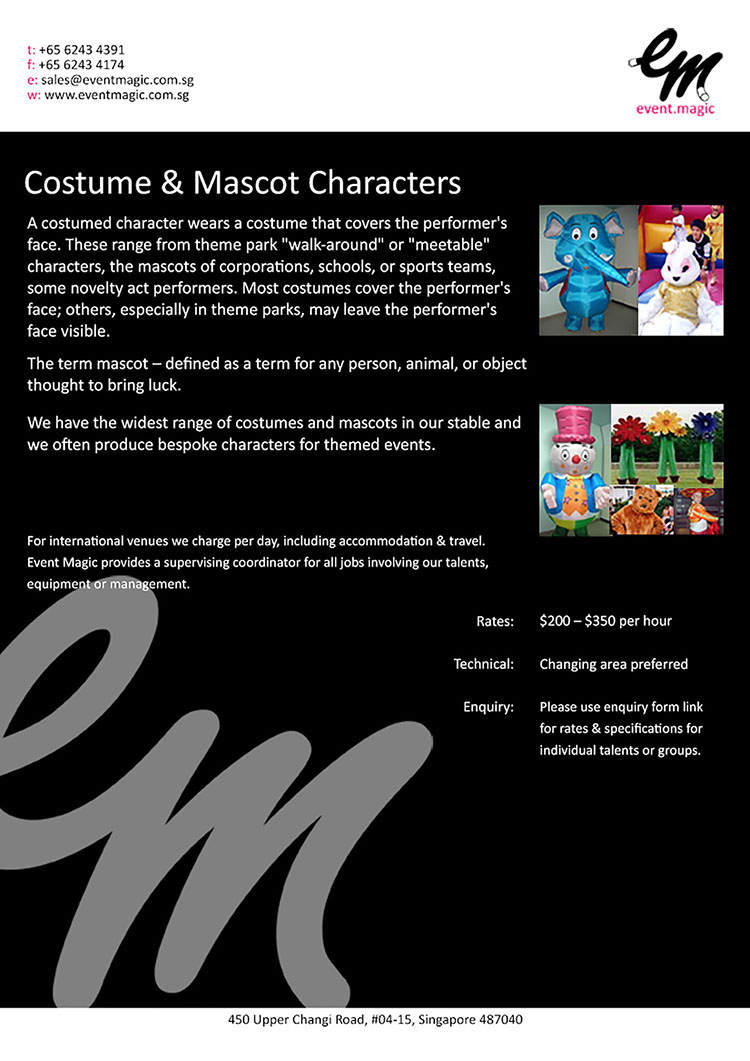 Mascots for hire Singapore, Costume Characters for hire Singapore