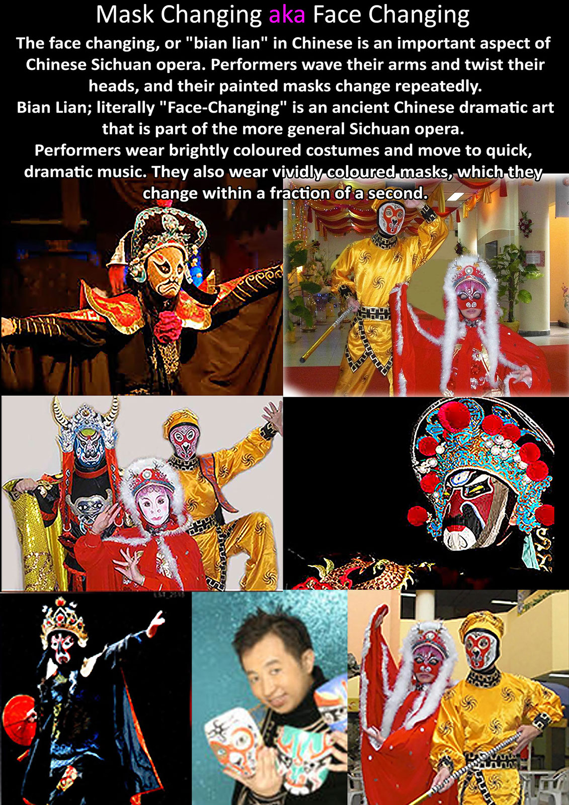 Mask Changing performing Artists; Mask Change, face changing Bian Lian Performers for hire Singapore; Mask and Costume Change Stage Acts; CNY